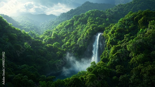 A colossal waterfall crashing down into a misty pool, surrounded by lush green forest