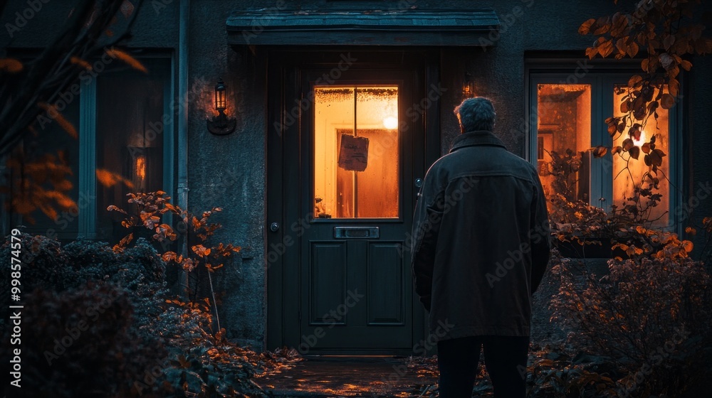 A man stands in front of a house with a sign on the door