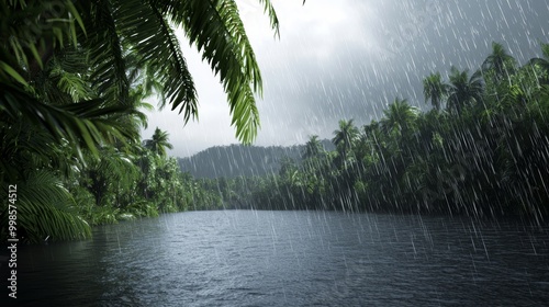 A monsoon rainstorm drenching a tropical jungle, rivers swelling as water rushes through the trees photo