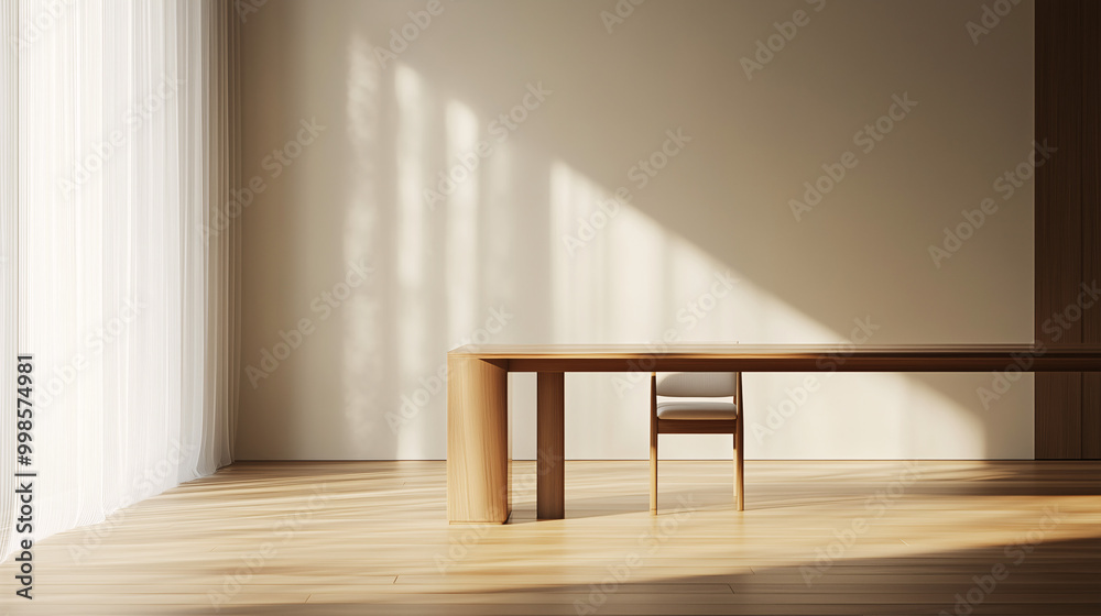 Fototapeta premium A dining room featuring a single chair and a simple rectangular wooden table. The room is bathed in soft sunlight, and the background is clean and uncluttered