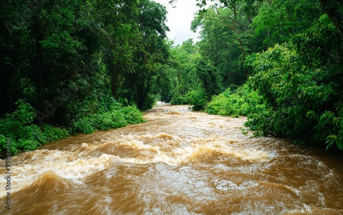 A river in full flood after heavy rains, the water brown and churning as it rushes downstream photo