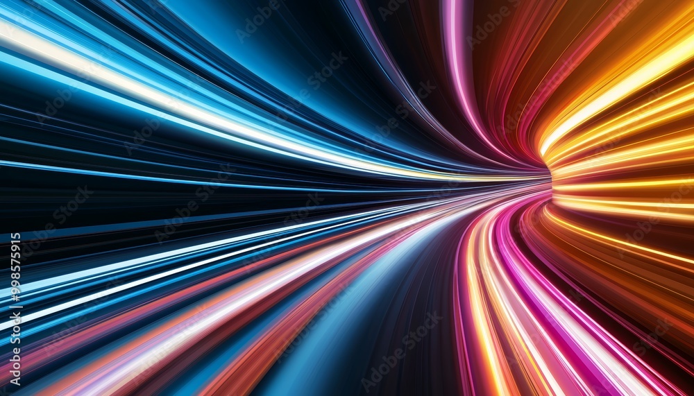 Abstract neon lights in a rainbow of colors, stretching toward the viewer in a dark tunnel, symbolizing a fast, futuristic digital race Abstract neon lights in a rainbow of colors, stretching toward the viewer in a dark tunnel, symbolizing a fast, futuristic digital race
