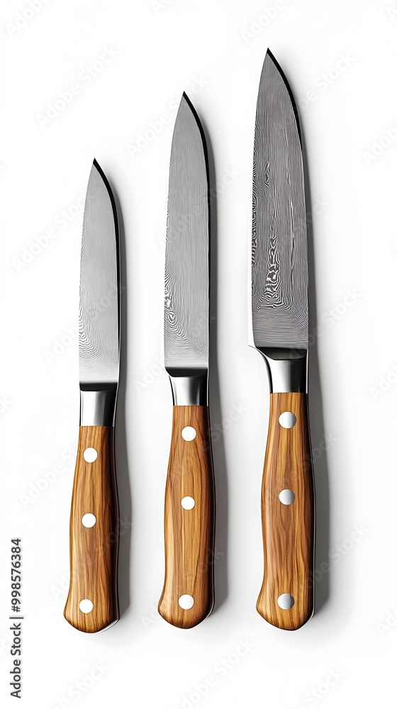 Assortment of Meticulously Crafted Culinary Knives with Elegant Wooden Handles on Pristine White Background Assortment of Meticulously Crafted Culinary Knives with Elegant Wooden Handles on Pristine White Background