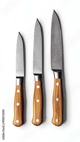 Assortment of Meticulously Crafted Culinary Knives with Elegant Wooden Handles on Pristine White Background