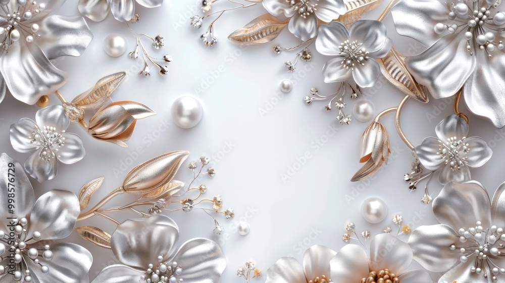 Obraz premium 3d wallpaper background with silver and gold jewelry elements, pearl flowers, white background