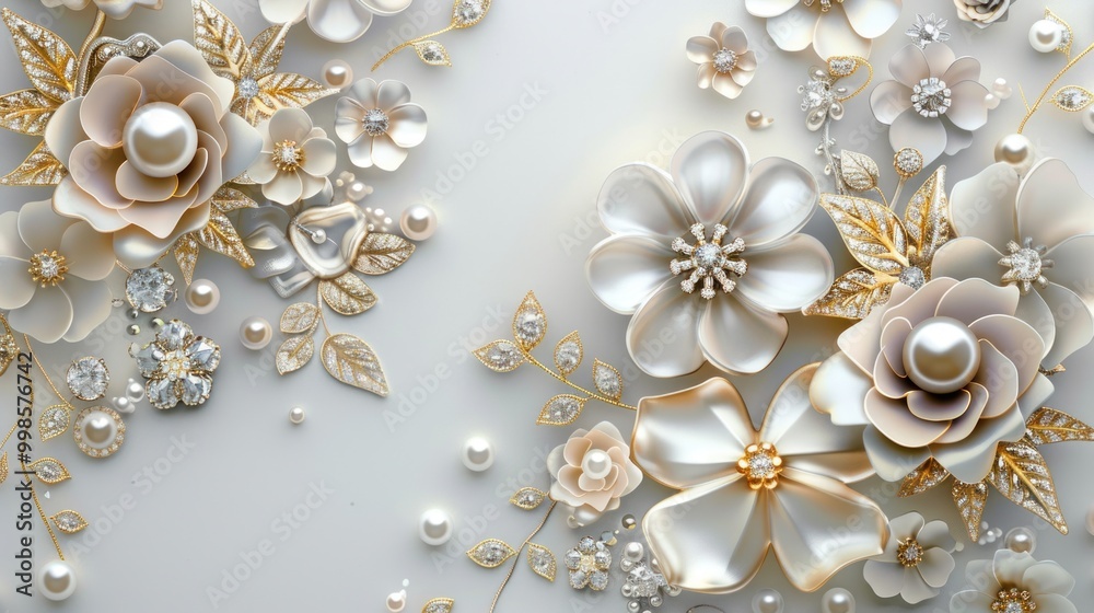 3d wallpaper background with silver and gold jewelry elements, pearl flowers, white background 3d wallpaper background with silver and gold jewelry elements, pearl flowers, white background