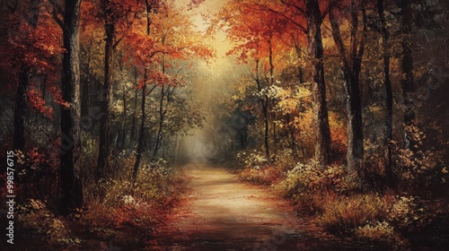 Autumn fiery colors light up a serene forest path, creating an enchanting and peaceful walking experience amidst nature's beauty