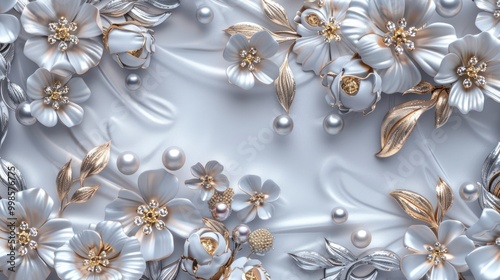 3d wallpaper background with silver and gold jewelry elements, pearl flowers, white background