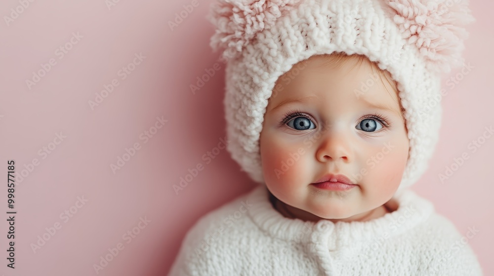 A charming baby with large curious eyes and a knit hat gazes intently at the camera, symbolizing innocence and curiosity against a soft pink backdrop. A charming baby with large curious eyes and a knit hat gazes intently at the camera, symbolizing innocence and curiosity against a soft pink backdrop.