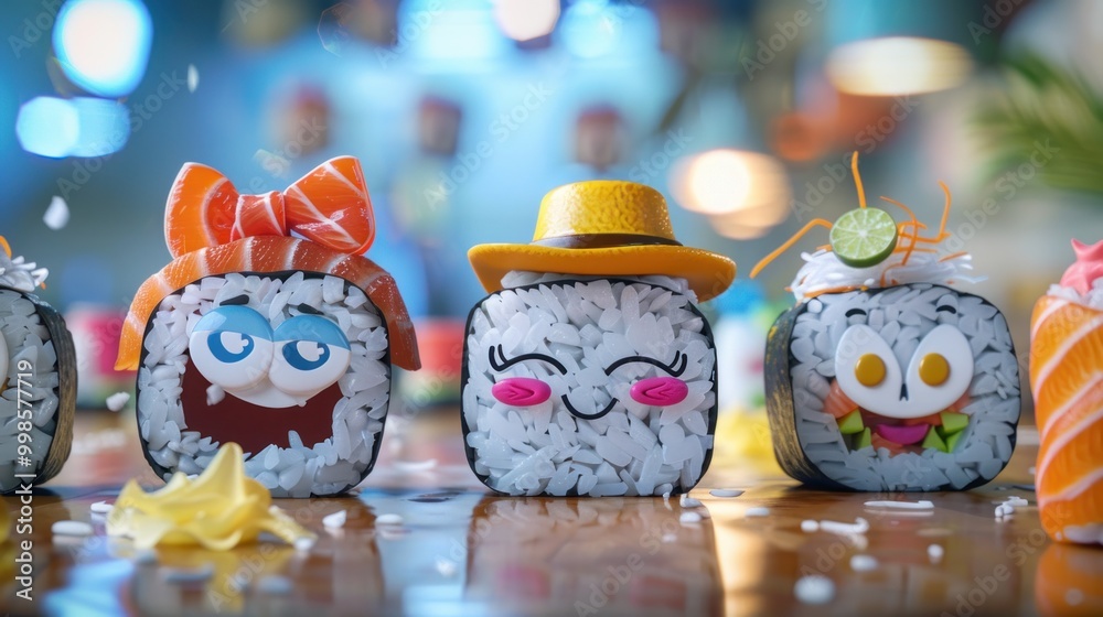 Fototapeta premium A cheerful family of cartoon maki sushi rolls, each with different facial expressions and accessories like bows or hats, creating a fun and engaging scene