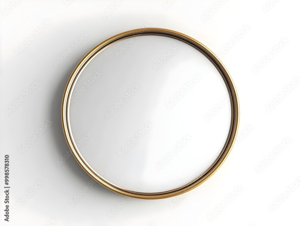 Closeup of Decorative Round Wall Mirror with Brushed Gold Metal Frame and Crystal Clear Reflection on Plain White Backdrop in Bright Studio Lighting Closeup of Decorative Round Wall Mirror with Brushed Gold Metal Frame and Crystal Clear Reflection on Plain White Backdrop in Bright Studio Lighting