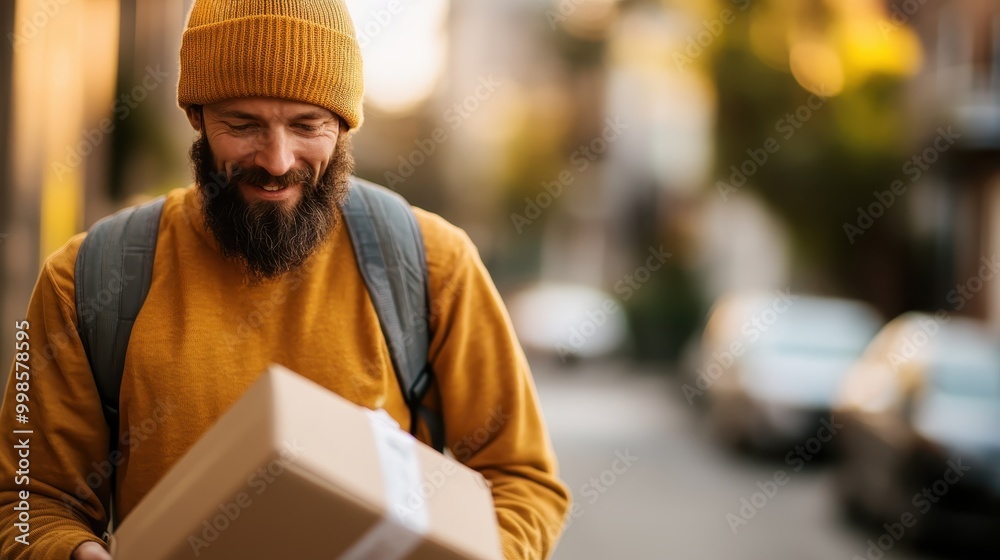A bearded man wearing a vibrant orange beanie is depicted holding a cardboard box outdoors, expressing diligence and enthusiasm amidst the daily routine of delivery. A bearded man wearing a vibrant orange beanie is depicted holding a cardboard box outdoors, expressing diligence and enthusiasm amidst the daily routine of delivery.