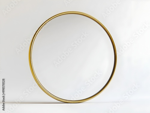 Closeup of Decorative Round Wall Mirror with Brushed Gold Metal Frame and Crystal Clear Reflection on White Background