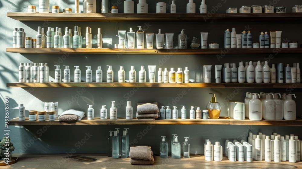 A serene and well-organized display of luxury haircare products on wooden shelves, bathed in soft, natural light, perfect for beauty A serene and well-organized display of luxury haircare products on wooden shelves, bathed in soft, natural light, perfect for beauty