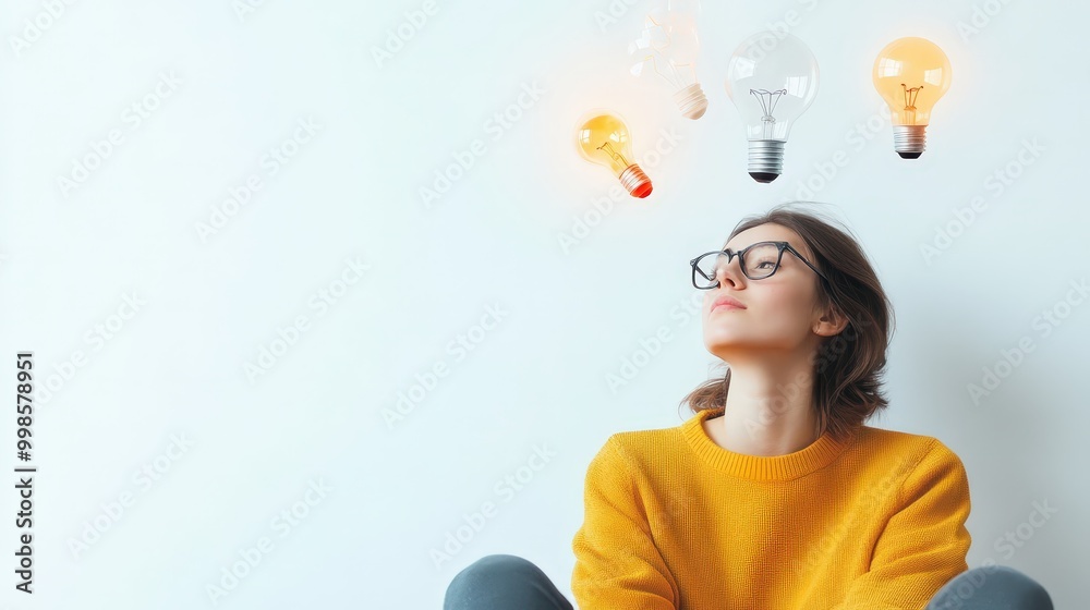 A moment of inspiration: Young woman reflects on self-esteem amid floating light bulbs above her A moment of inspiration: Young woman reflects on self-esteem amid floating light bulbs above her