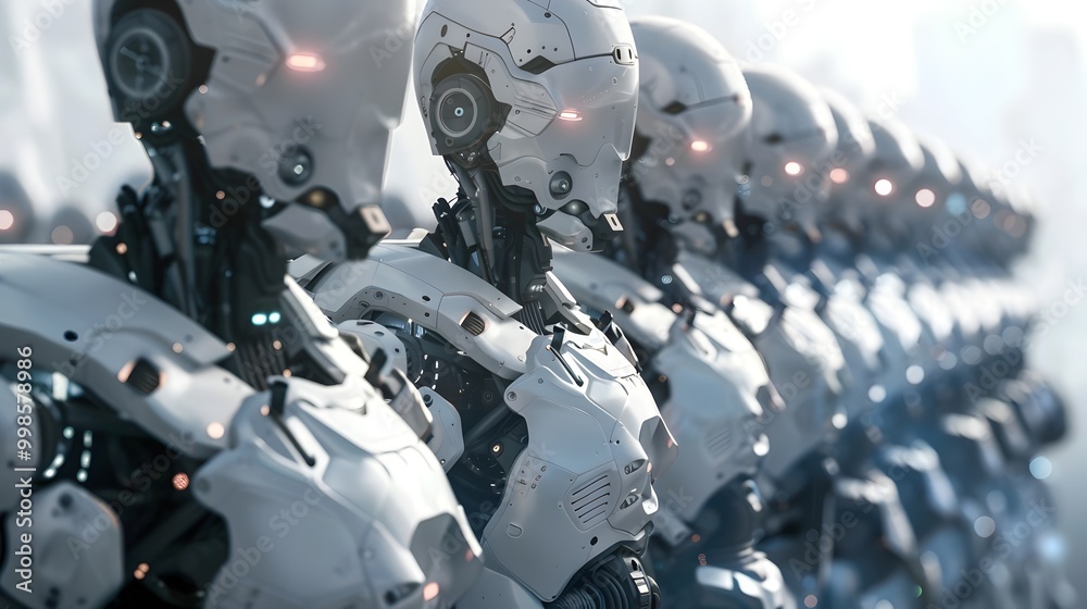 Fototapeta premium Monochrome Robotic Army Enforcing AI Driven Dystopia with Ominous Copy Space