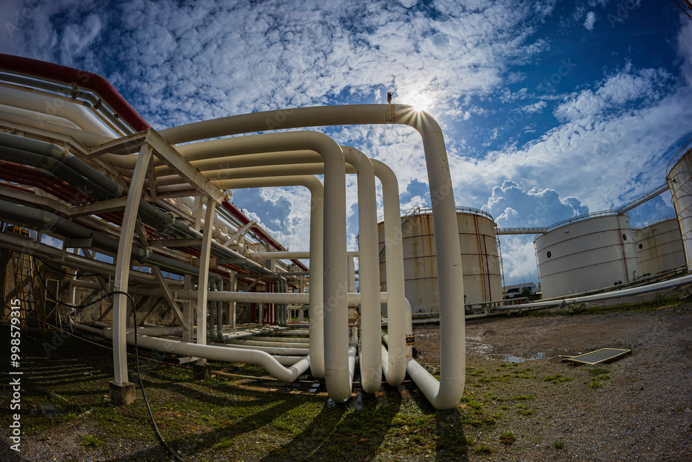 Steel long pipes and pipe elbow in station tank oil factory during refinery Petrochemistry industry Steel long pipes and pipe elbow in station tank oil factory during refinery Petrochemistry industry