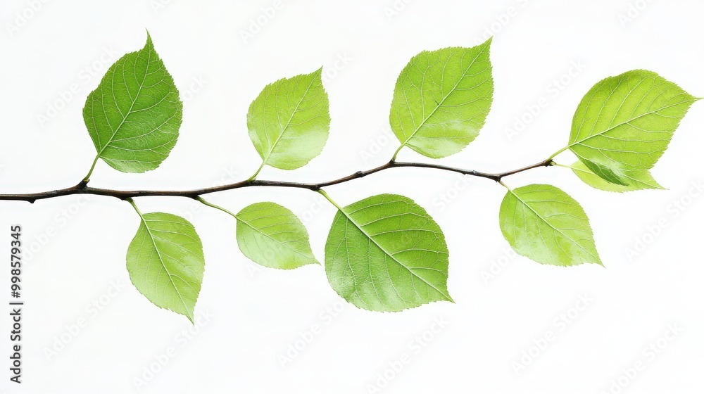 Beautiful green leaves on a branch isolated on a white background, showcasing the natural texture and freshness of the leaves Beautiful green leaves on a branch isolated on a white background, showcasing the natural texture and freshness of the leaves