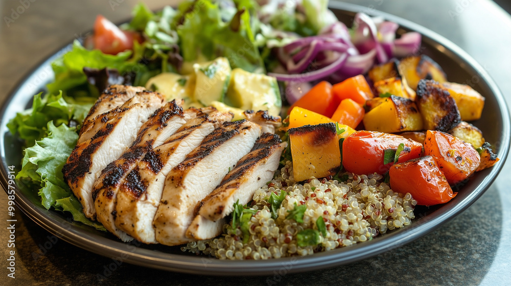 A plate of food with a grilled chicken, vegetables, and quinoa A plate of food with a grilled chicken, vegetables, and quinoa
