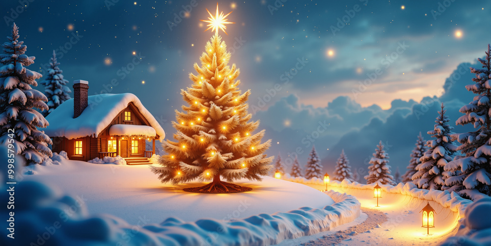 Cozy cabin and glowing christmas tree in snowy winter night Cozy cabin and glowing christmas tree in snowy winter night