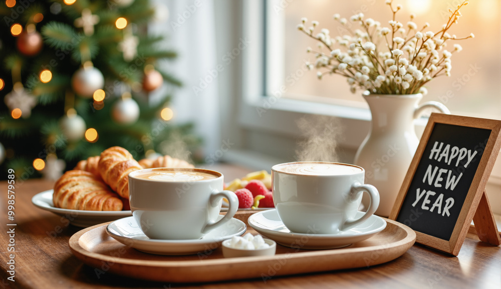 Cozy new year breakfast with coffee and croissants by the Christmas tree Cozy new year breakfast with coffee and croissants by the Christmas tree
