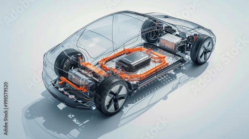 Transparent view of electric vehicle structure, highlighting complex battery system, motor components.
