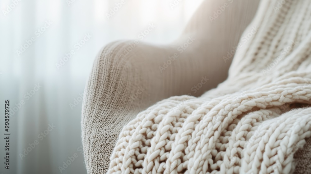 An elegant cream knit blanket casually resting on a luxurious armchair, creating a warm, inviting ambiance in a brightly lit living area with soft, diffused sunlight in the background. An elegant cream knit blanket casually resting on a luxurious armchair, creating a warm, inviting ambiance in a brightly lit living area with soft, diffused sunlight in the background.