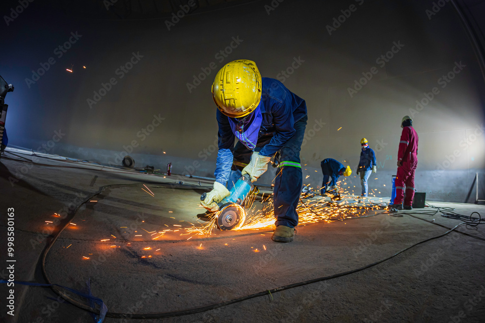 Male worker grinding on steel plate with flash of sparks close up wear protective gloves oil inside Male worker grinding on steel plate with flash of sparks close up wear protective gloves oil inside
