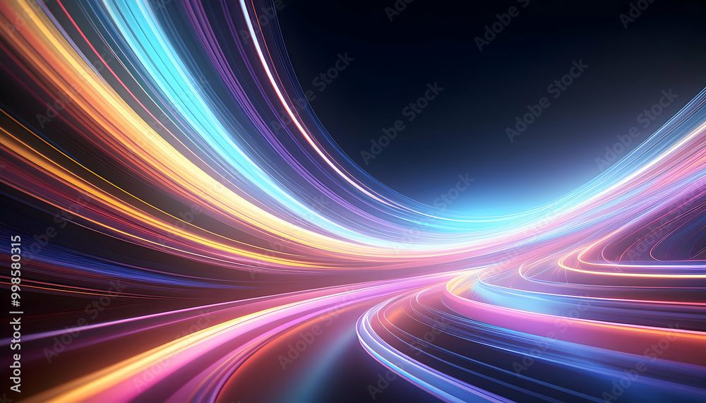 Bright pastel light trails curve dynamically against a dark background, Generative AI. Bright pastel light trails curve dynamically against a dark background, Generative AI.