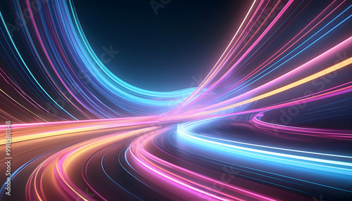 Bright pastel light trails curve dynamically against a dark background, Generative AI.