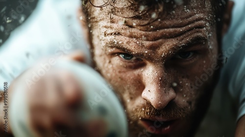 A dynamic close-up of a rugby player in intense action during a game, showcasing the athlete's determination, strength, and the physicality involved in the sport. photo