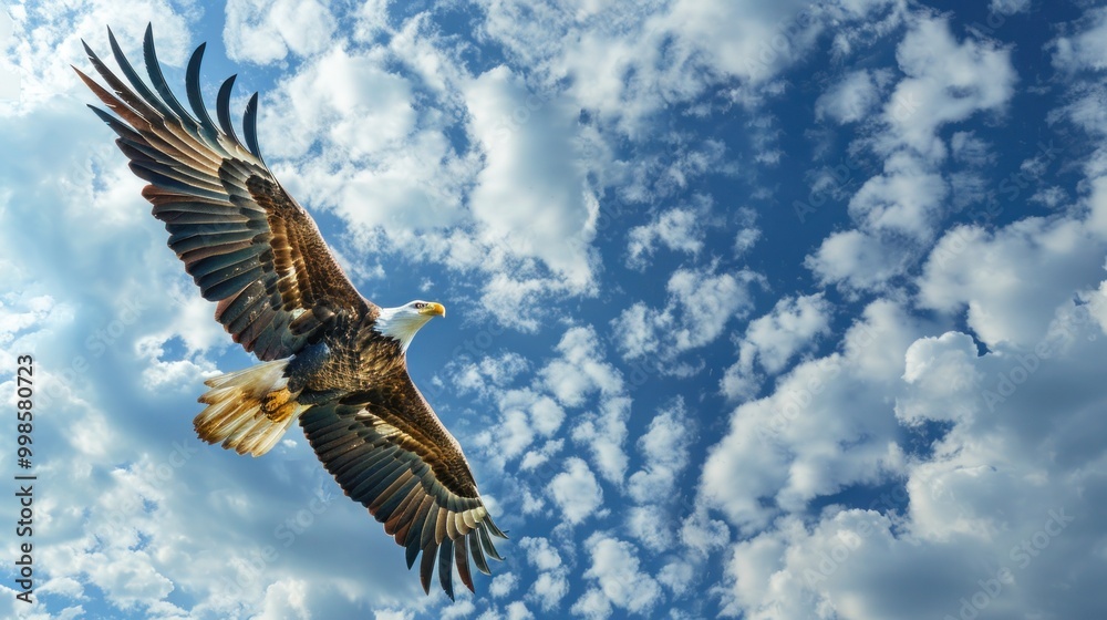 Animal-themed banner with lone eagle soaring against backdrop of autumn clouds, open space on the left Animal-themed banner with lone eagle soaring against backdrop of autumn clouds, open space on the left