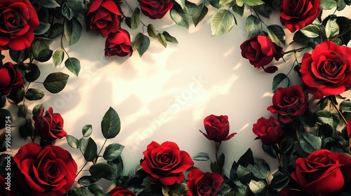 Fototapeta Naklejka Na Ścianę i Meble -  Beautiful red rose border with intricate flower petals and lush greenery. The elegant design adds a touch of sophistication and charm to any backdrop