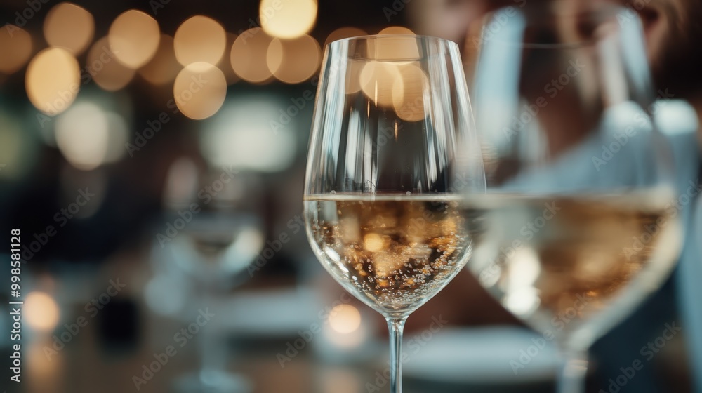 A pair of wine glasses filled with white wine sit on a dining table as blurred warm lights in the background create a festive and inviting mood, perfect for a celebration. A pair of wine glasses filled with white wine sit on a dining table as blurred warm lights in the background create a festive and inviting mood, perfect for a celebration.