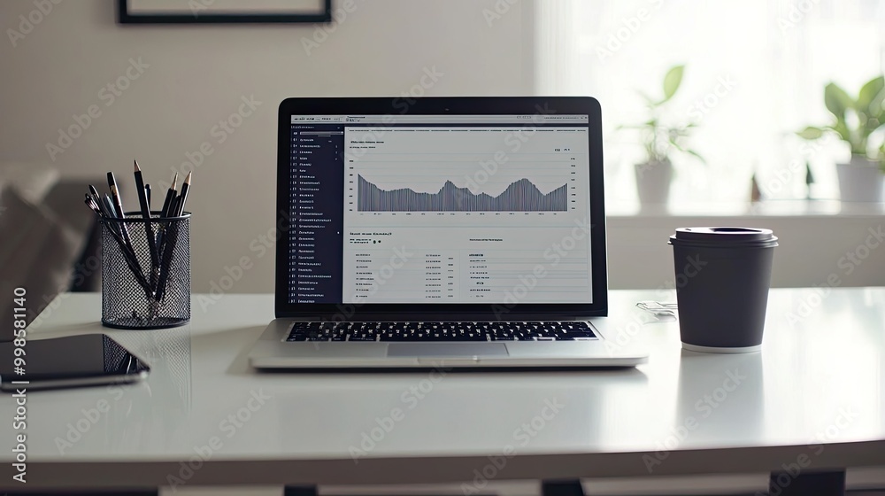 Business charts and graphs displayed on a laptop screen in a clean, minimalist workspace. Business charts and graphs displayed on a laptop screen in a clean, minimalist workspace.