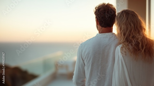 A couple stands close together on a balcony, watching the ocean as the sun sets. The image captures a romantic moment of togetherness and tranquility.