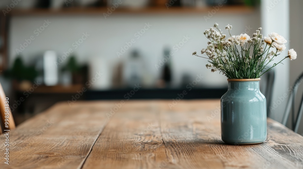 This image captures a rustic wooden table adorned with a blue ceramic vase holding a beautiful arrangement of wildflowers, giving a charming and countryside feel to the interior space. This image captures a rustic wooden table adorned with a blue ceramic vase holding a beautiful arrangement of wildflowers, giving a charming and countryside feel to the interior space.
