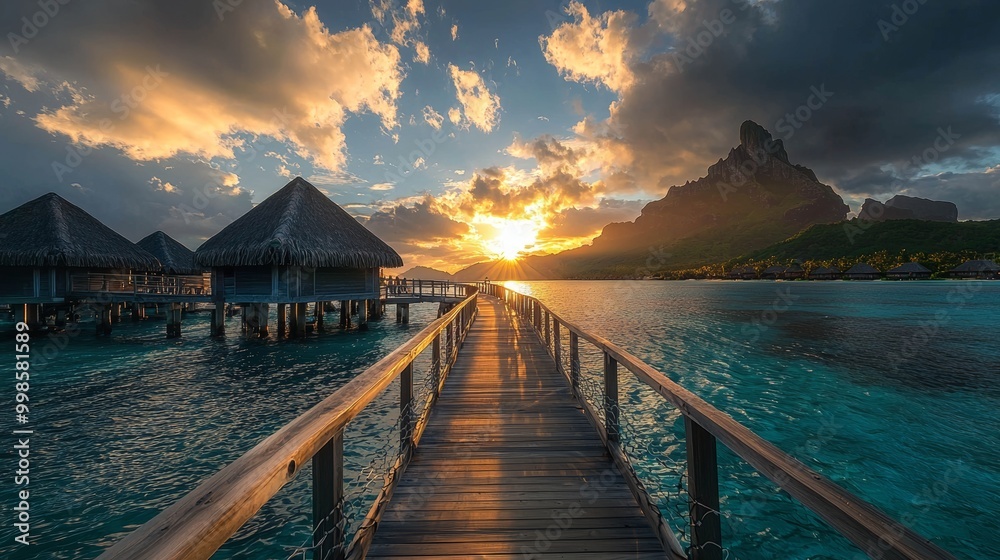 Sunset view from a wooden bridge to thatched bungalows over turquoise waters with a mountain backdrop.