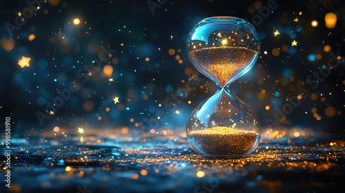 A shimmering hourglass filled with golden sand set against a dreamy blue and gold starry background, symbolizing the passage of time.