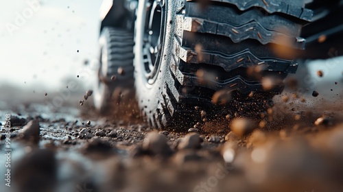 Close-up shot of a rugged truck tire kicking up dirt and gravel, showcasing the toughness and durability of the tire in an off-road, muddy environment. photo