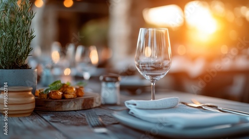 An elegantly set dining table adorned with glassware, a beautiful centerpiece, and warm sunlight creating a serene and inviting atmosphere for a delightful outdoor meal.