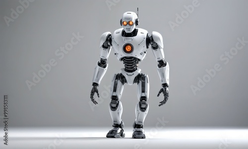 A white robot is currently standing upright on a white surface