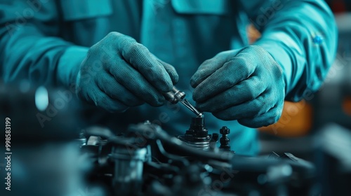 Hands wearing protective gloves engaging in precise mechanical work on an engine part, highlighting the focus and expertise required in automotive repair and maintenance.