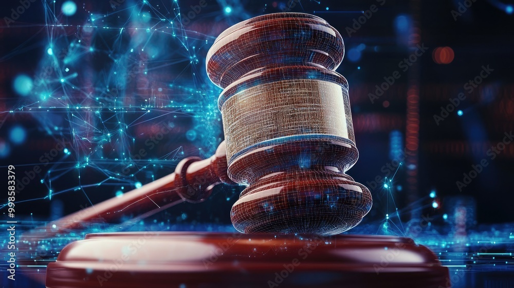 Close-up of a gavel with holographic tech visuals in the background, merging legal principles with innovation.