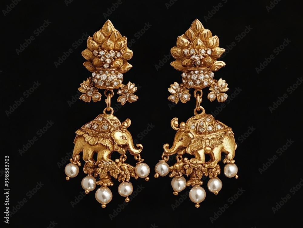 Naklejka premium A pair of gold Lakshmi earrings with intricate lotus and elephant motifs, highlighted by small diamonds and pearls, reflecting both traditional elegance and divine prosperity