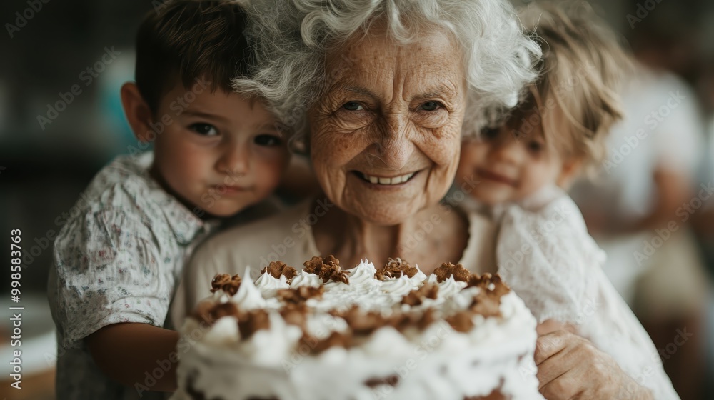 An elderly woman with white hair smiles warmly while holding a cake, surrounded by two young children, capturing a moment of family love and joy. An elderly woman with white hair smiles warmly while holding a cake, surrounded by two young children, capturing a moment of family love and joy.