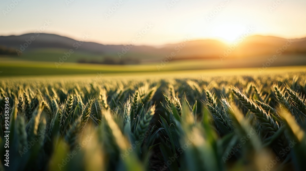 Sunrise casts a warm glow on a lush wheat field with rolling hills in the background, creating a serene and picturesque rural landscape in the early morning. Sunrise casts a warm glow on a lush wheat field with rolling hills in the background, creating a serene and picturesque rural landscape in the early morning.