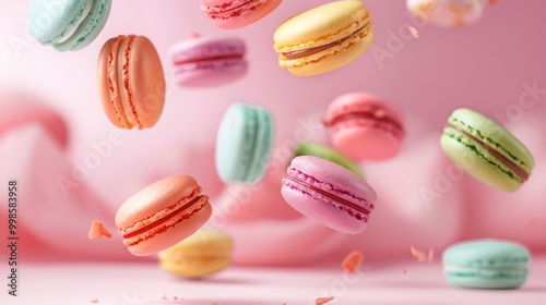 Wallpaper Mural Cascade of rainbow-colored macarons falling through the air on soft pink background Torontodigital.ca