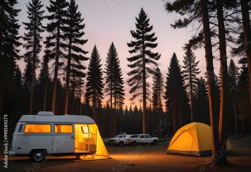 A white camper van parked next to a yellow tent in a forested area with pine trees