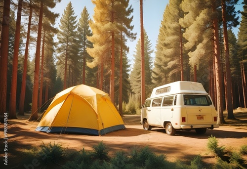 A white camper van parked next to a yellow tent in a forested area with pine trees